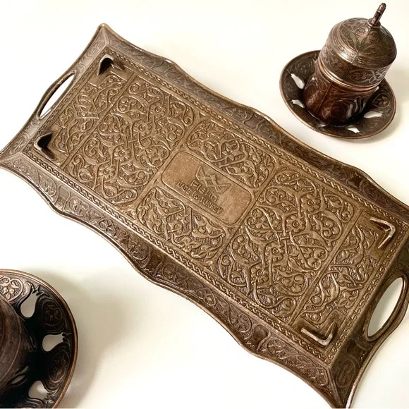 LAST CHANCE SALE! Turkish Copper Coffee Tea Set floral motifs Zamak & Porcelain - Picture 6 of 7